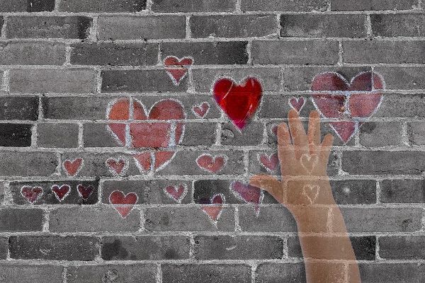 Jaynes Gallery 아티스트의 Abstract of brick wall with hearts and hand작품입니다.